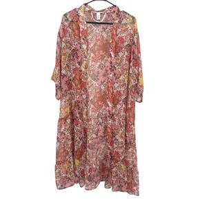 Sheer Floral Kimono Duster OS Pink Patchwork Garden Fairy Boho Cottagecore